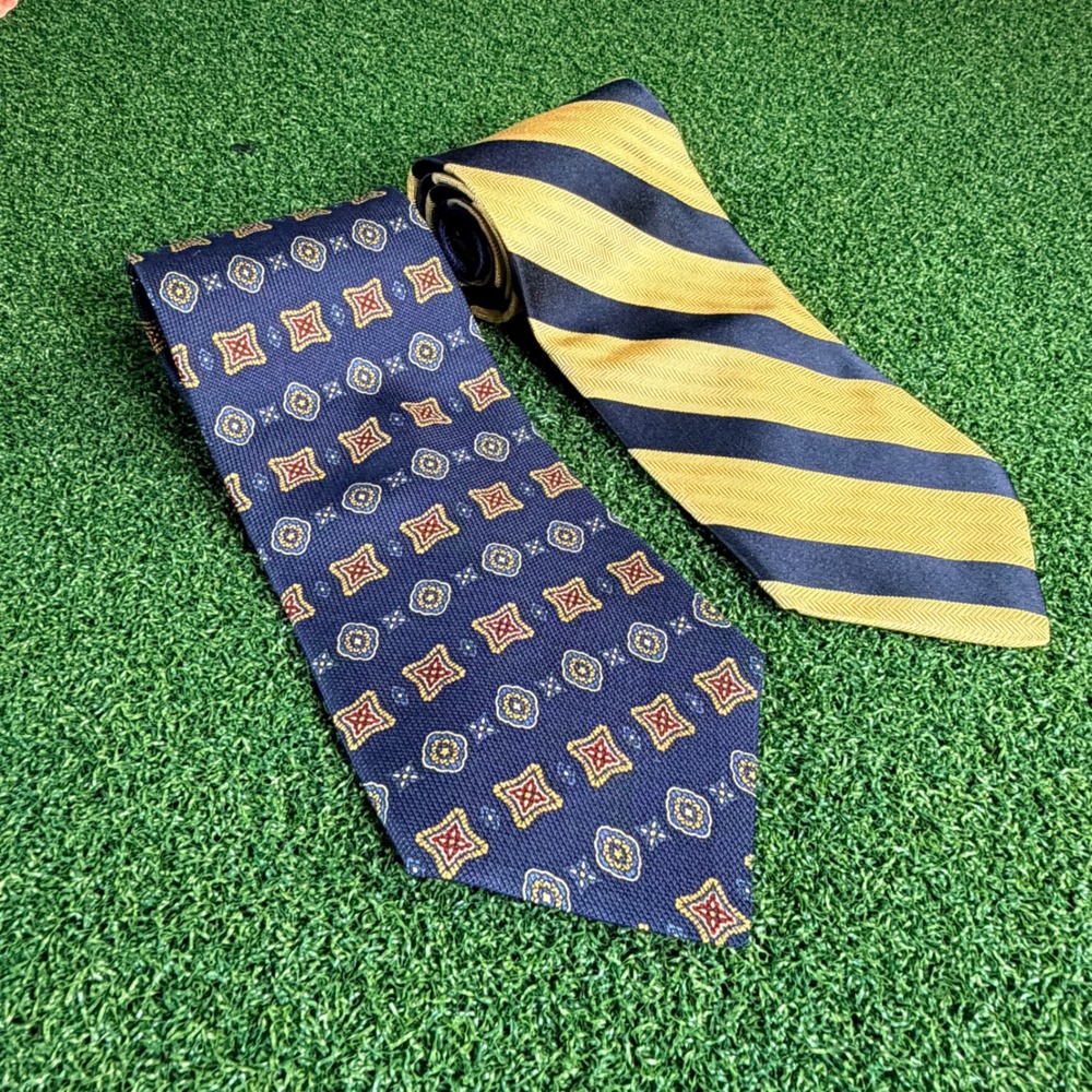 Tommy Hilfiger Men Silk Necktie Navy Blue Yellow Stripe Geometric Print Lot of 2